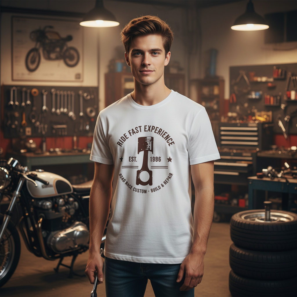 Motorcycle Piston Graphic T Shirt for Unisex Wear Ride Fast Experience Est 1986 Road Race