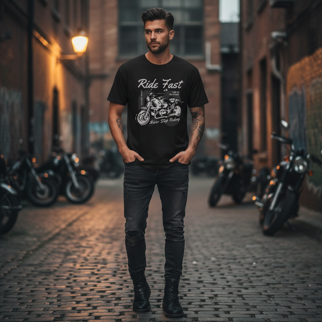 Ride Fast Motorcycle Graphic T Shirt For Men And Women With Never Stop Riding Design