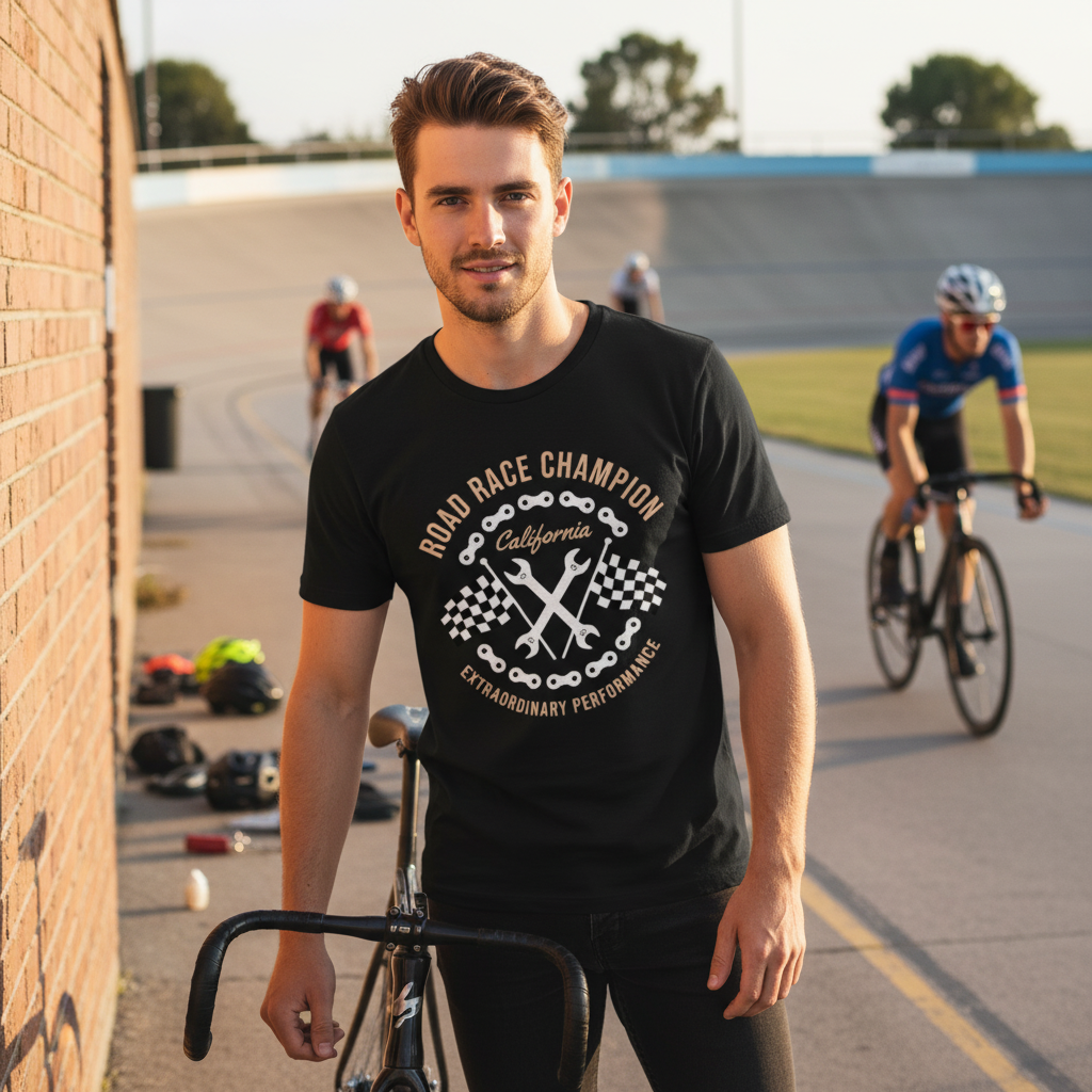 Road Race Champion Motorcycle Tee With California Emblem And Checkered Flags Design