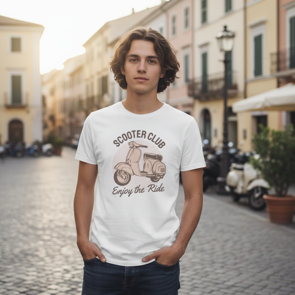 Unisex Scooter Club T Shirt With Vintage Scooter Graphic And Ride Message Design