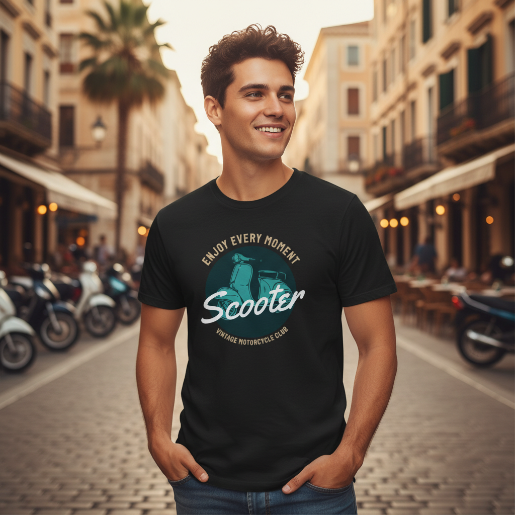 Vintage Scooter Graphic T Shirt With Emblem Unisex Casual Tee For Motorcycle Lovers And Riders