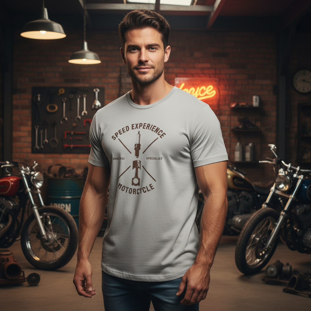 Unisex Motorcycle Graphic T Shirt With Drag Bike Emblem And Speed Experience Design