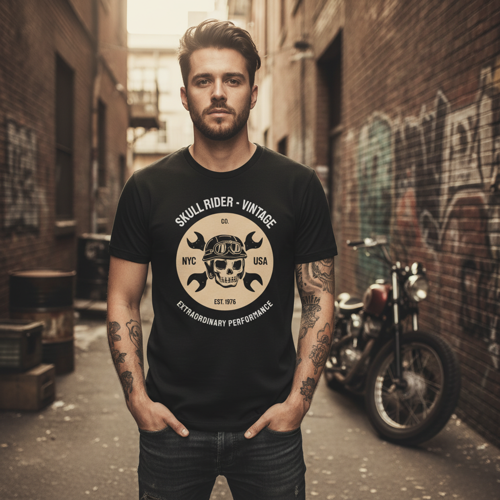 Vintage Motorcycle Skull Circle Graphic Tee Unisex Biker Tee With Wrench Emblem Logo
