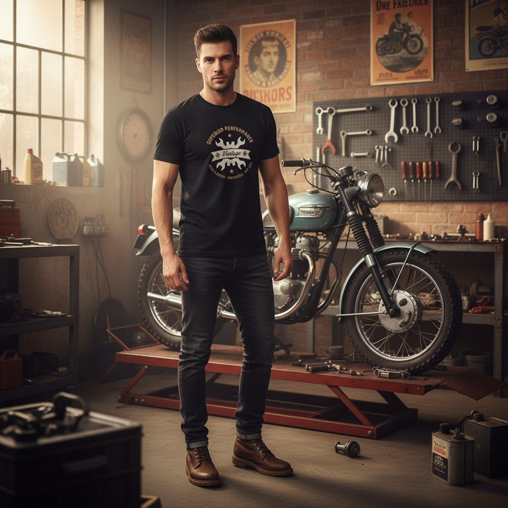Vintage Motorcycle Motif Unisex T Shirt With Classic Emblem Graphic For Riders Casual Wear
