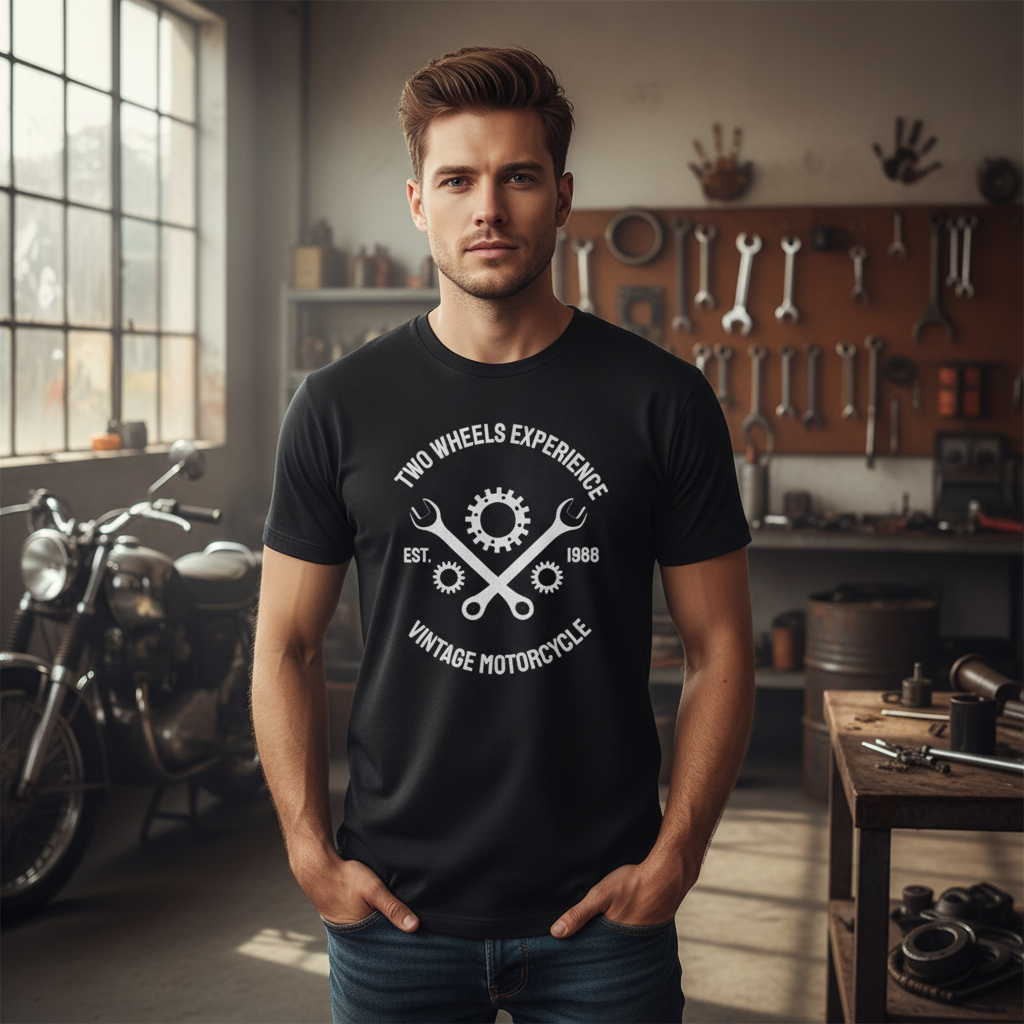 Unisex Vintage Motorcycle Graphic Tee With Gear Emblem And Two Wheels Experience