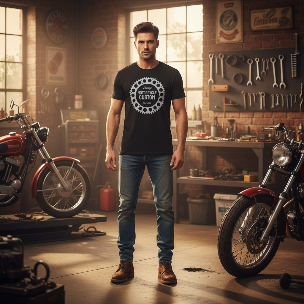 Vintage Motorcycle Custom Gear Circle Graphic T Shirt For Unisex Casual Wear Everyday Apparel