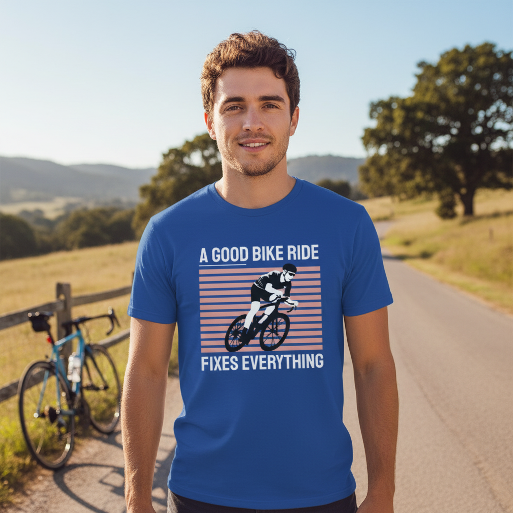 Graphic Cycling Tee With Retro Striped Background And Rider In Motion Illustration
