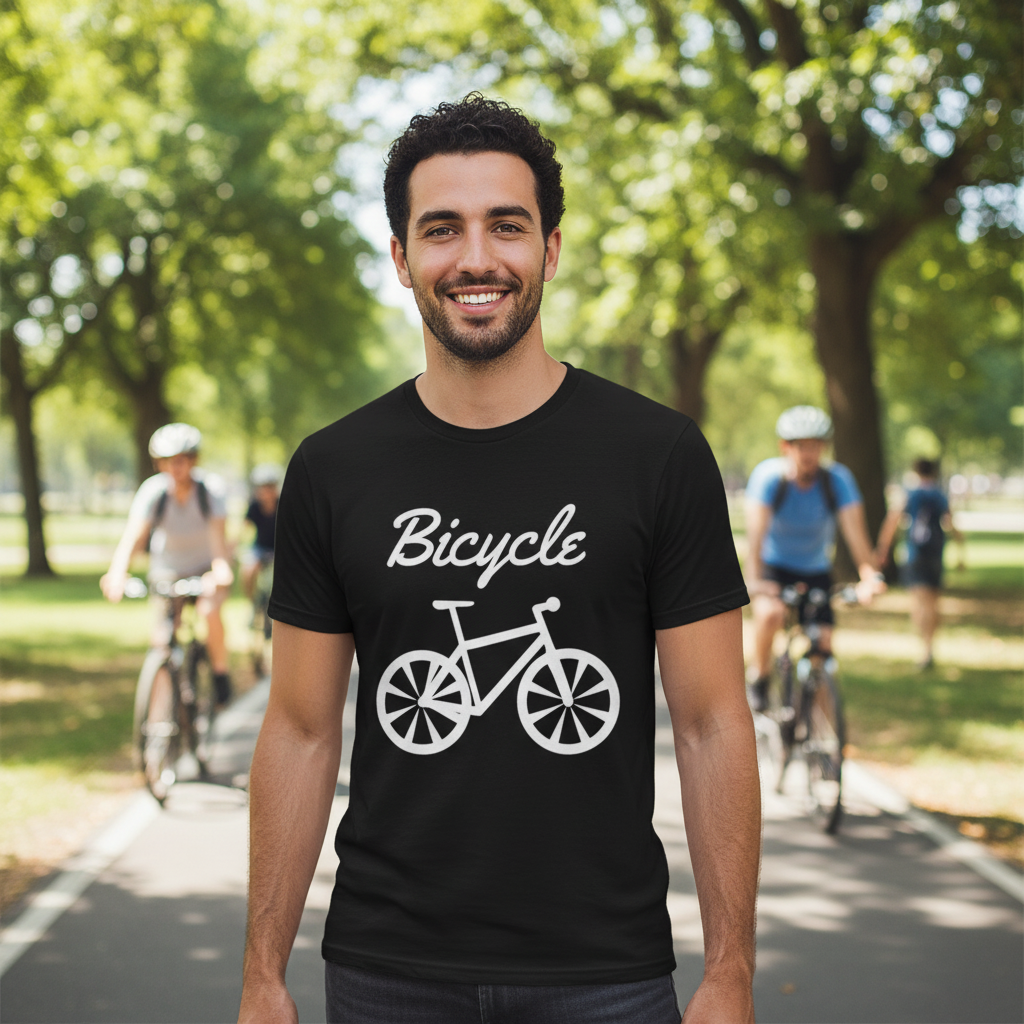 Unisex Bicycle Graphic T Shirt With Script Word And Large Bicycle Illustration Center Front Print