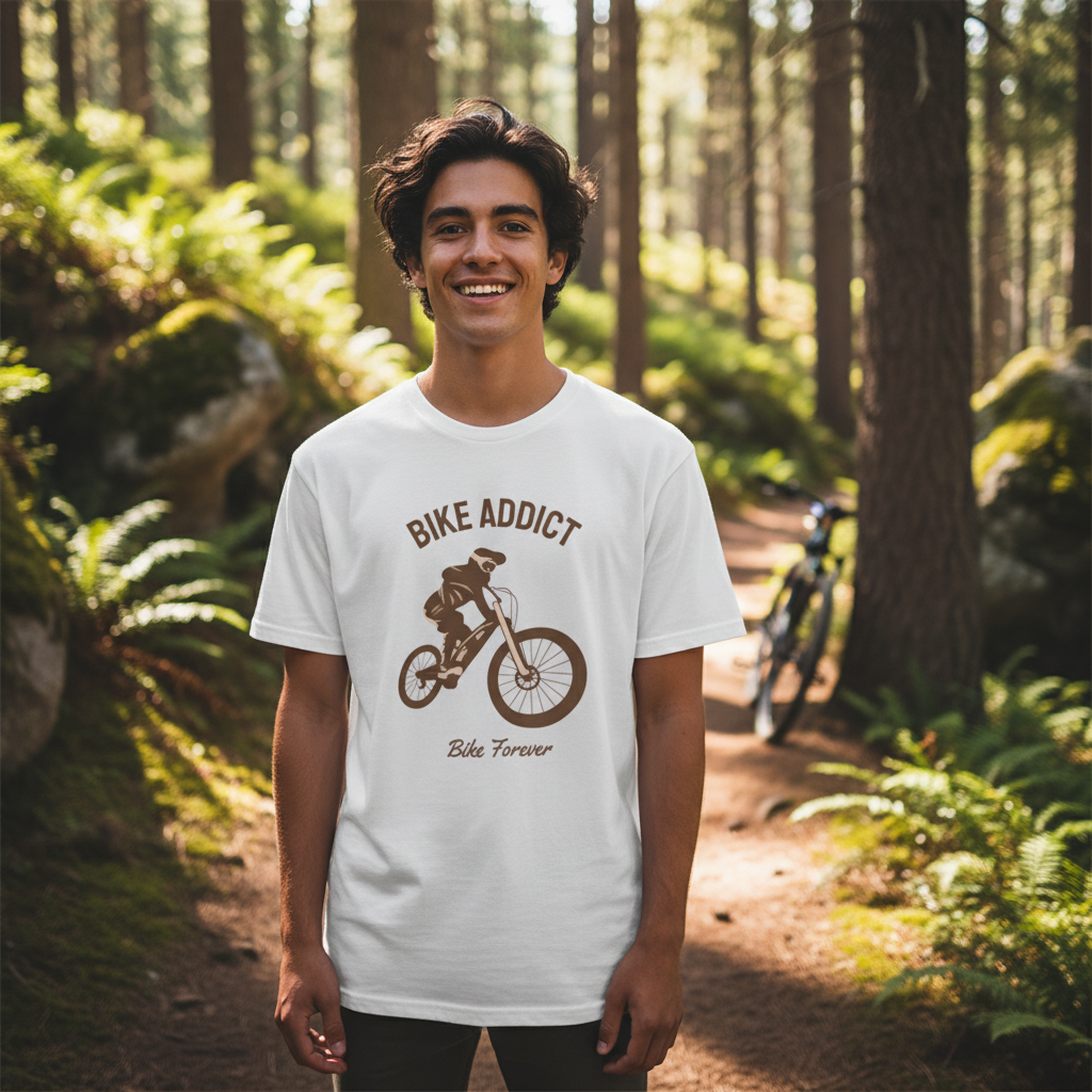 Bike Addict Graphic T Shirt With Bicycle Silhouette And Bike Forever Motto For Cyclists