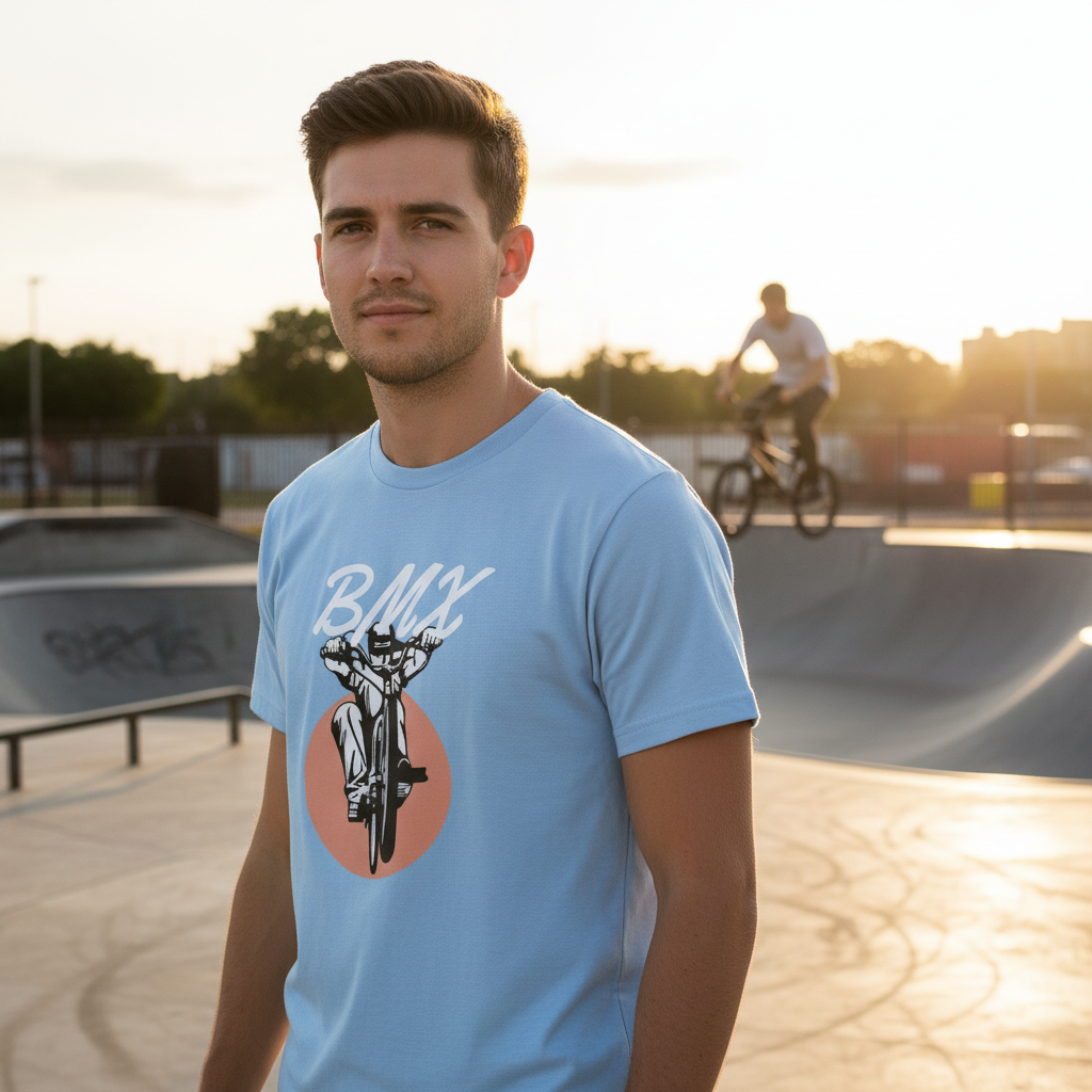 Unisex BMX Bike Graphic T Shirt With Dynamic Rider And Peach Circle Backdrop Illustration