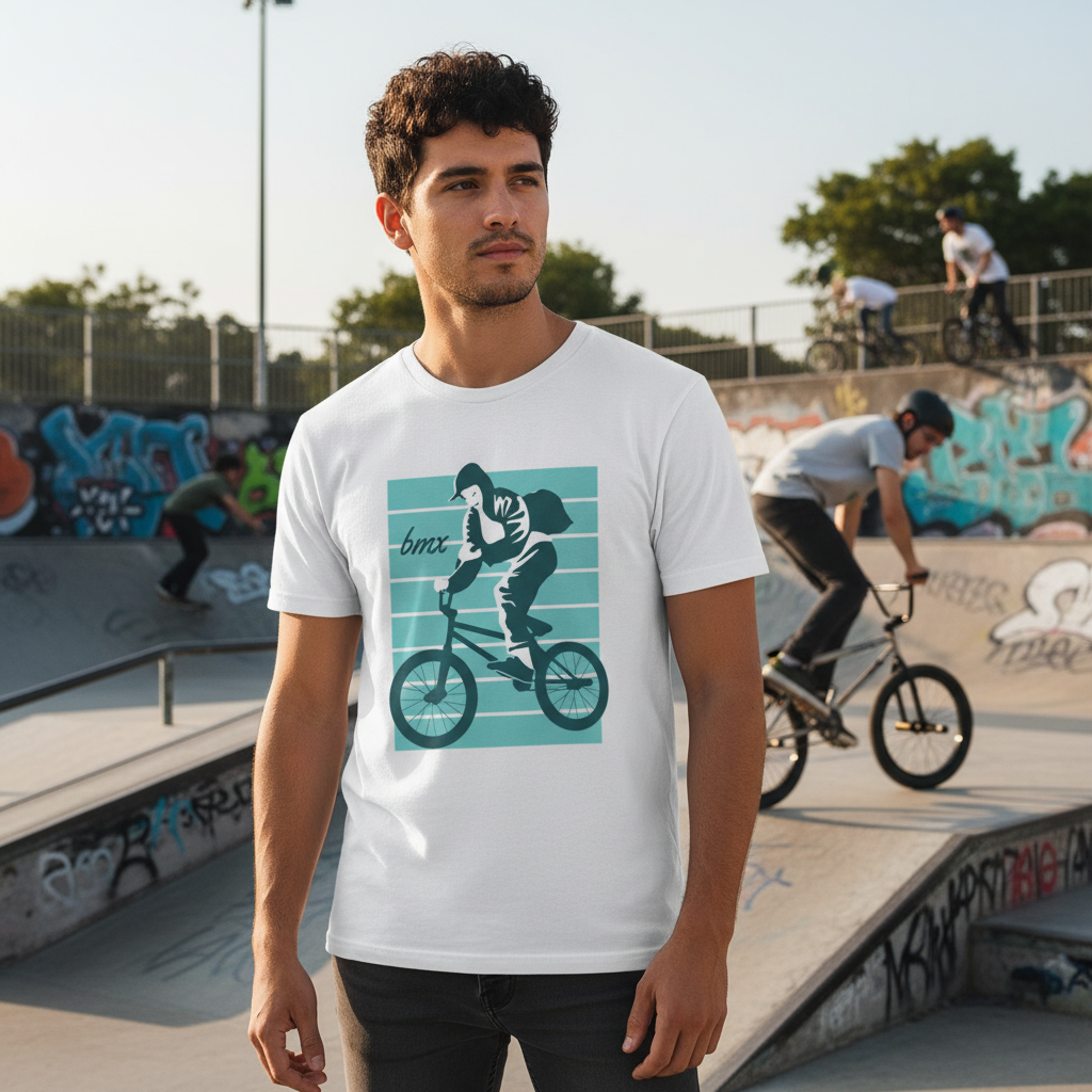 BMX Rider Silhouette Graphic Tee For Unisex Adults With Retro Teal Striped Background