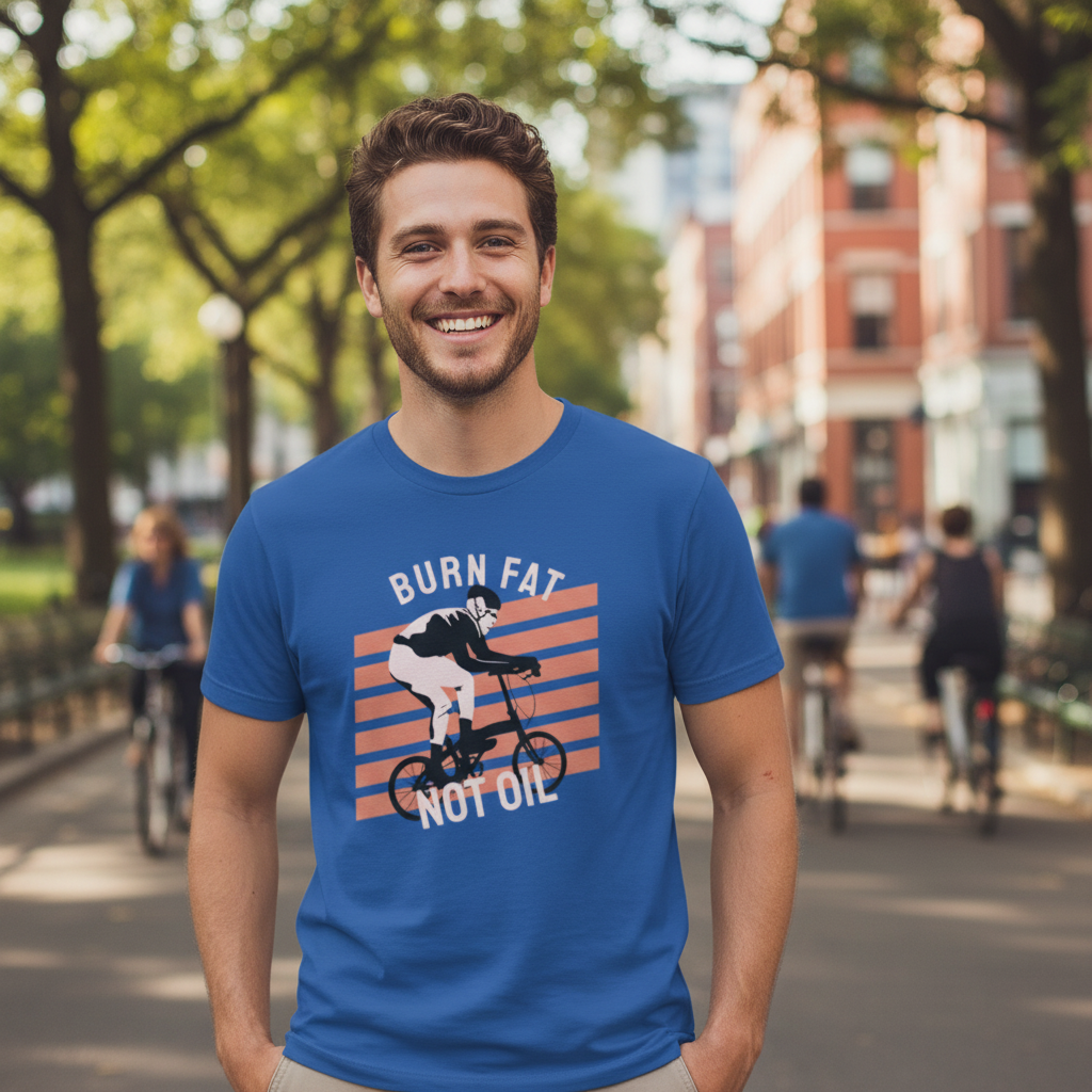 Unisex Cycling Graphic T Shirt With Cyclist Silhouette And Coral Stripes Burn Fat Not Old