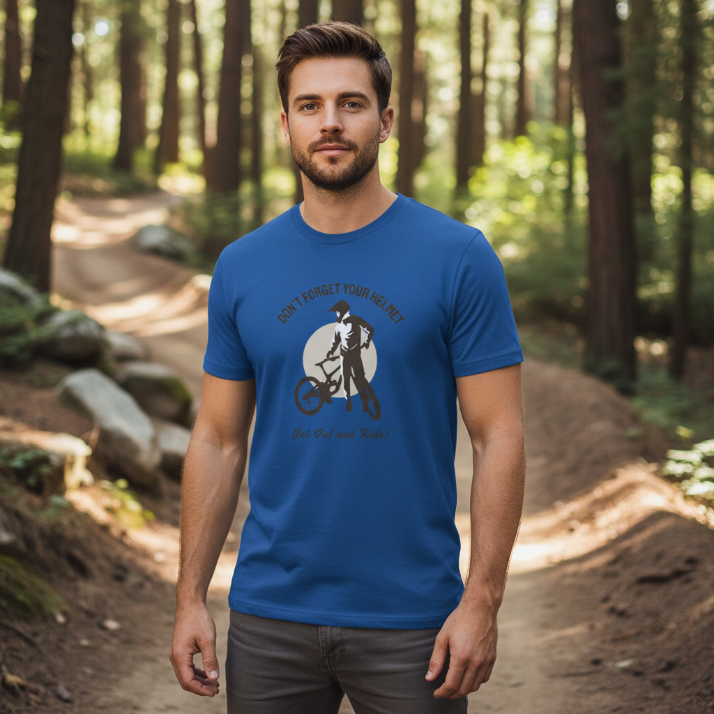 Unisex Biking T Shirt With Rider Silhouette And Don't Forget Your Helmet Slogan Graphic