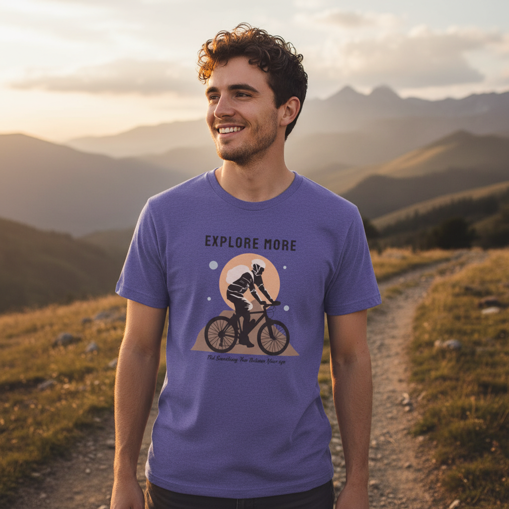 Unisex Cycling Graphic Tee With Explore More Motif Featuring A Rider On A Mountain Trail