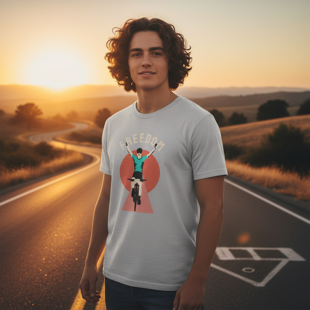 Unisex Cycling Graphic T Shirt With Rider Silhouette and Freedom Arch Design For Active Wear