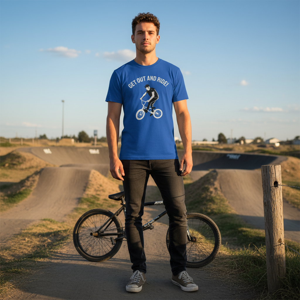 Unisex BMX Rider Graphic Tee For Cyclists With Get Out And Ride Slogan Artwork Bold Design