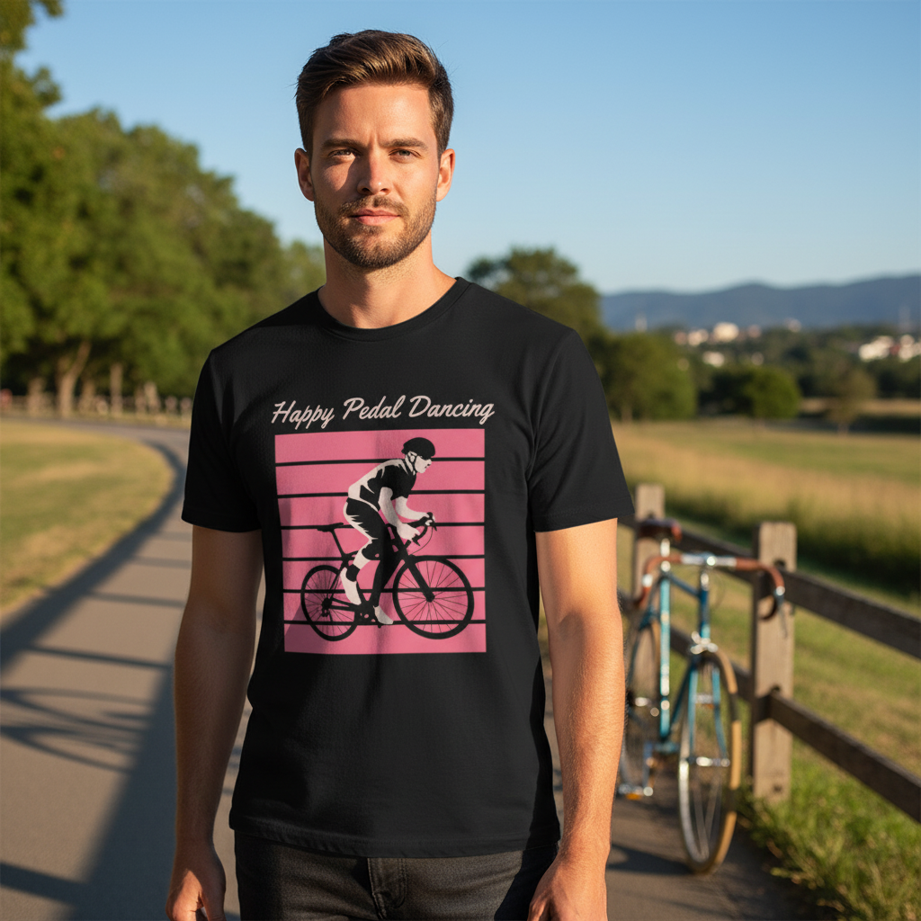 Unisex Bicycle Rider Graphic Tee With Pink Stripes Background And Happy Pedal Dancing Text