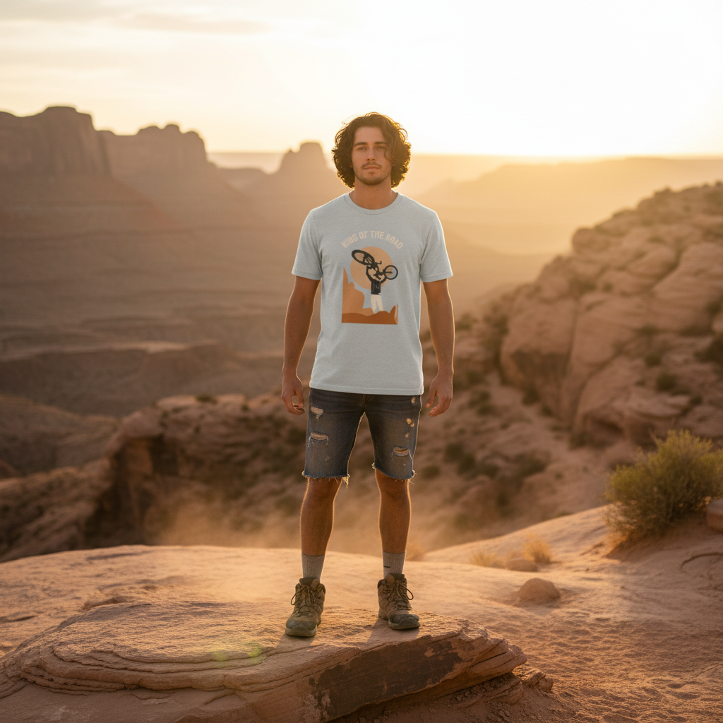 King Of The Road Cycling Graphic Unisex T Shirt Featuring Desert Canyon Silhouette And Sunset