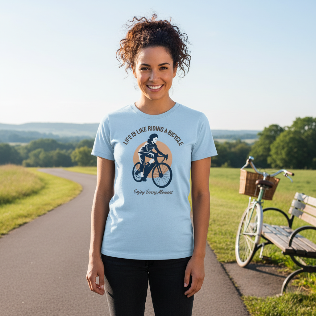 Life Is Like Riding A Bicycle Cycling Graphic T Shirt With Inspirational Quote And Sun Design