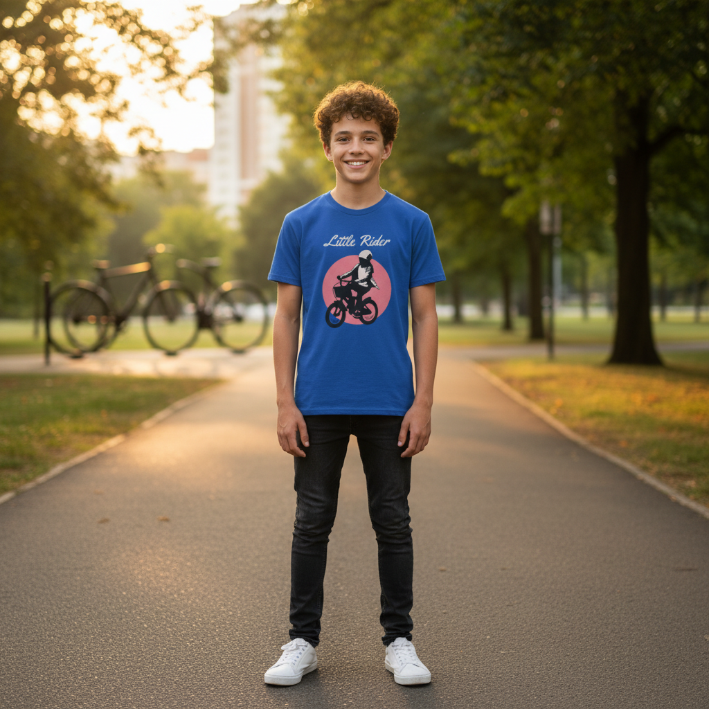 Little Rider Biking Graphic Unisex T Shirt With Pink Circle Backdrop For Casual Wear