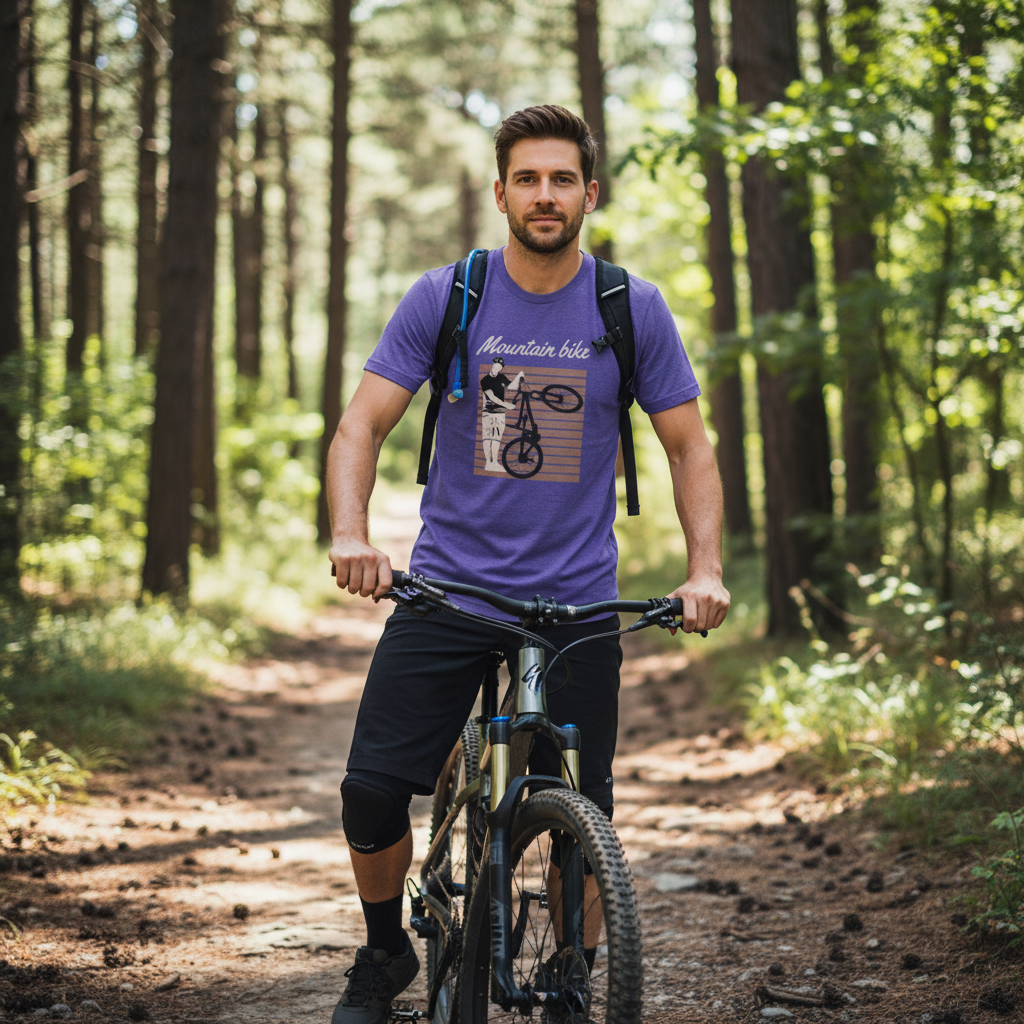 Unisex Mountain Bike Graphic Tee Featuring Rider Lifting Bike Against Retro Striped Background Artwork
