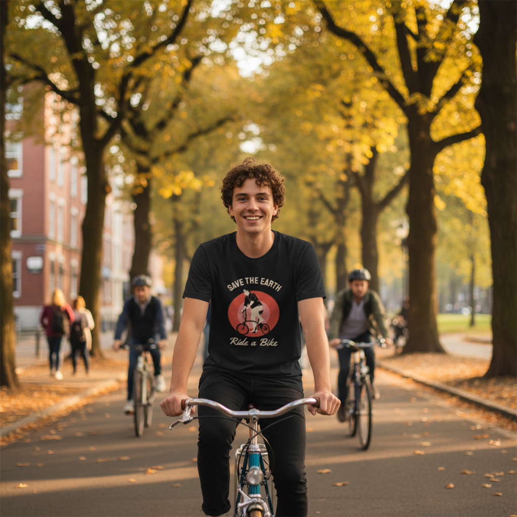 Save The Earth Ride A Bike Graphic T Shirt Unisex Short Sleeve With Cyclist Illustration