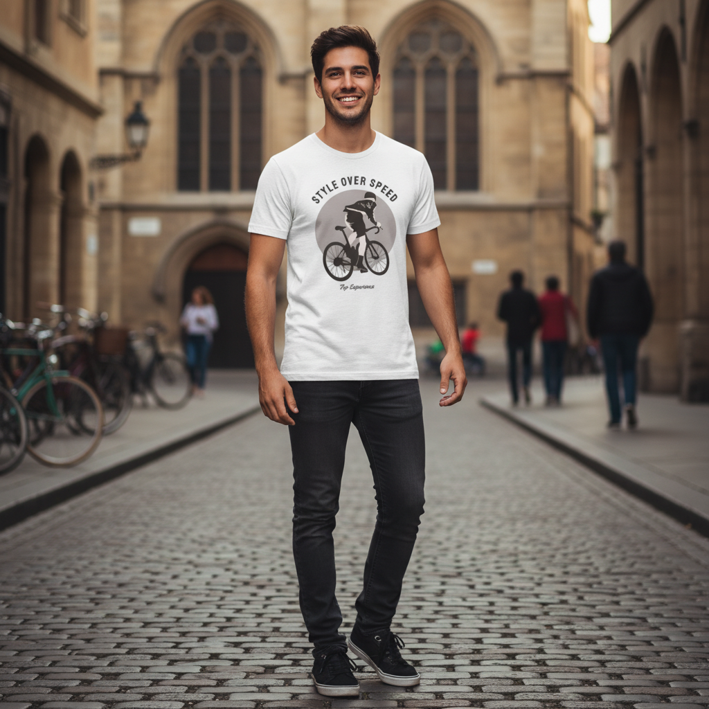 Unisex Graphic Cycling Tee With Style Over Speed Circle And Cyclist Silhouette Artwork