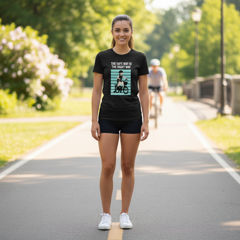 Bike Rider Graphic T Shirt With The Safe Way Is The Right Way Message And Turquoise Striped Backdrop