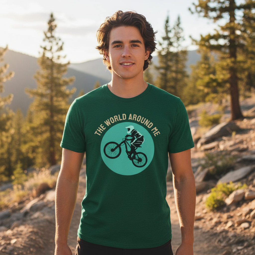 Unisex Cycling Graphic T Shirt With Rider Silhouette Inside Teal Circle Design Artwork