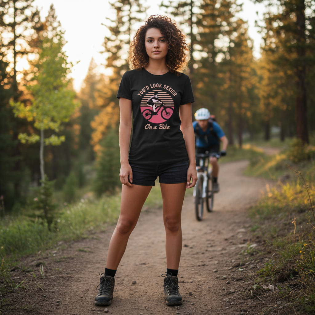 Unisex Bicycle Rider Graphic Tee With Retro Sunset Circle Design For Cycling Enthusiasts