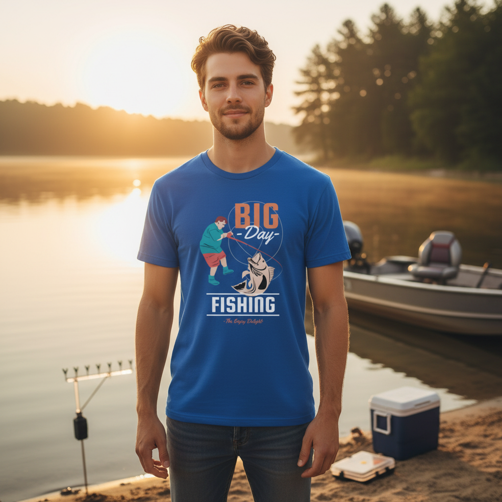 Big Day Fishing Graphic Tee For Anglers Unisex With Colorful Fishing Scene Illustration