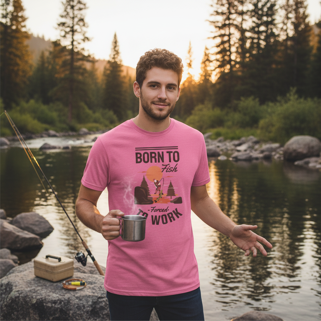 Born To Fish Unisex Graphic Tee With Fishing Scene And Forced To Work Slogan For Outdoor Wear