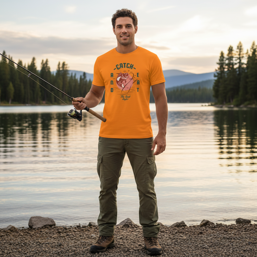 Unisex Fishing T Shirt With The Best Angler Illustration And Catch And Eat Design On Front