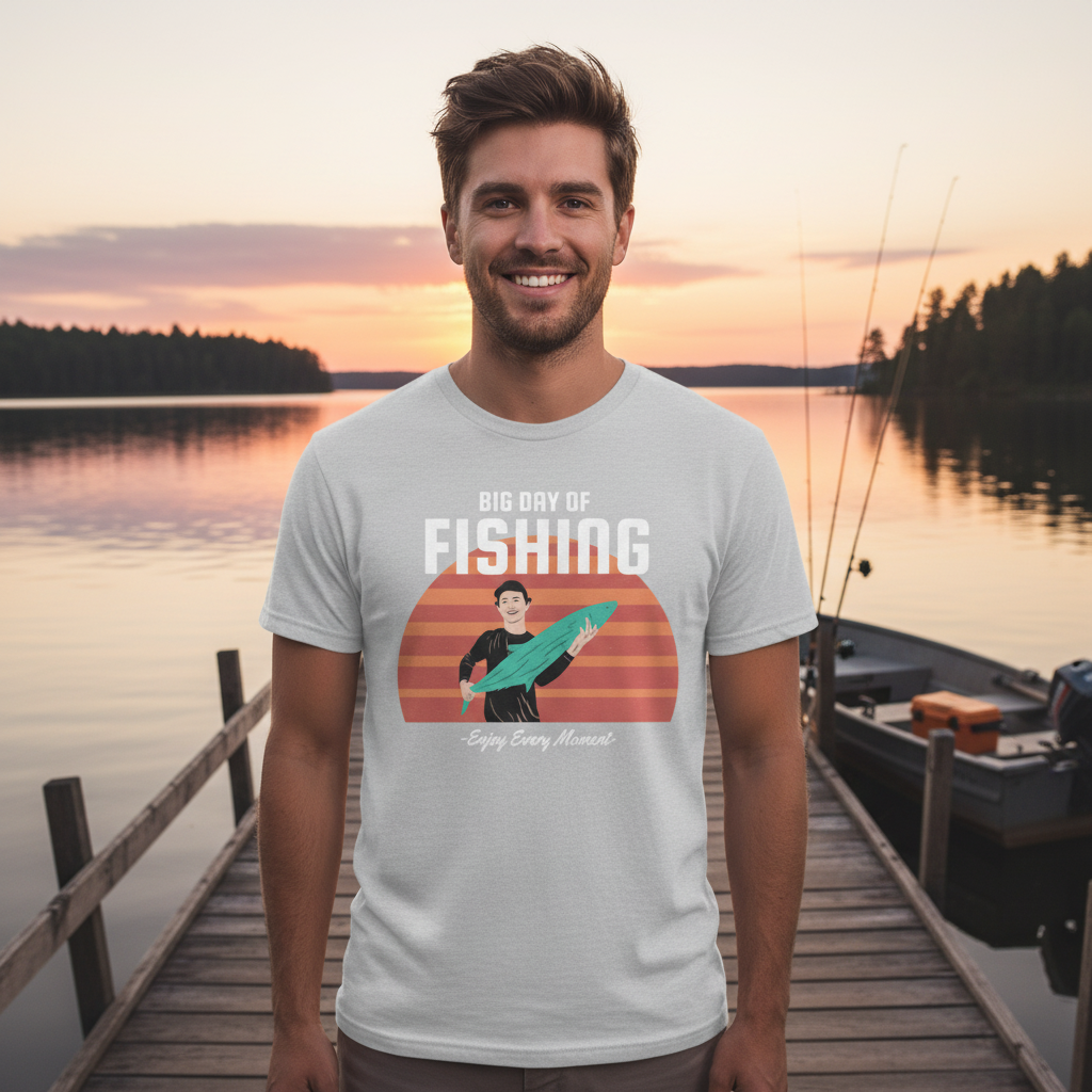 Unisex Fishing Graphic T Shirt With Sunset Horizon And Big Day Of Fishing Illustration
