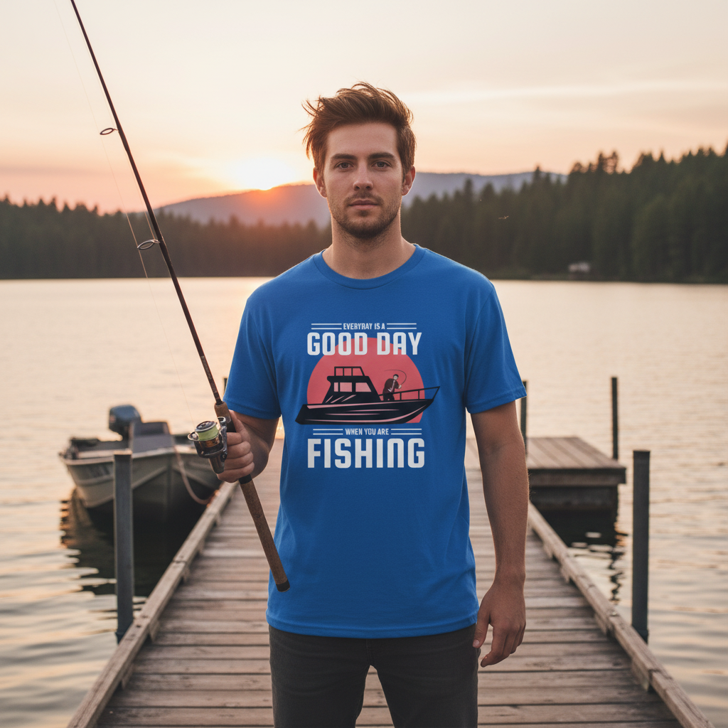 Unisex Fishing T Shirt With Boat Graphic And The Message Everyday Is A Good Day When You Are Fishing