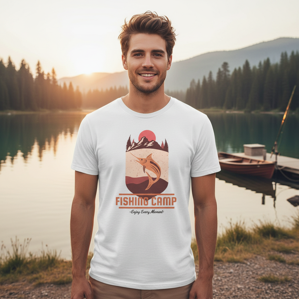 Fishing Camp Graphic T Shirt With Mountain Sunset And Leaping Fish Design For Outdoor Lovers