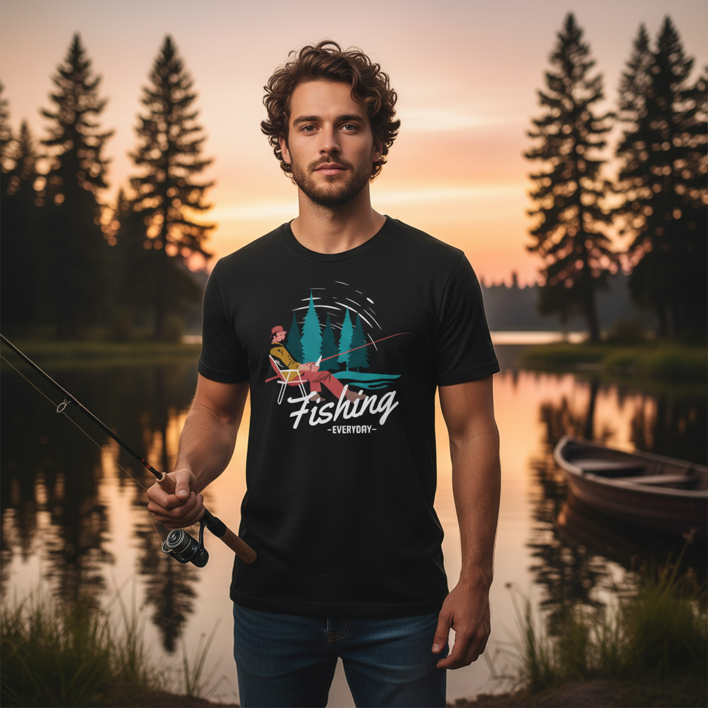Unisex Fishing T Shirt With Forest Scene Angler Illustration By The River In Colorful Graphic