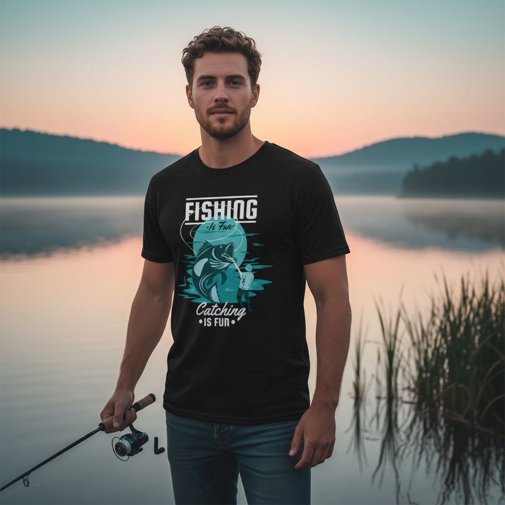 Fishing Is Fun Graphic Tee With Angler And Jumping Fish