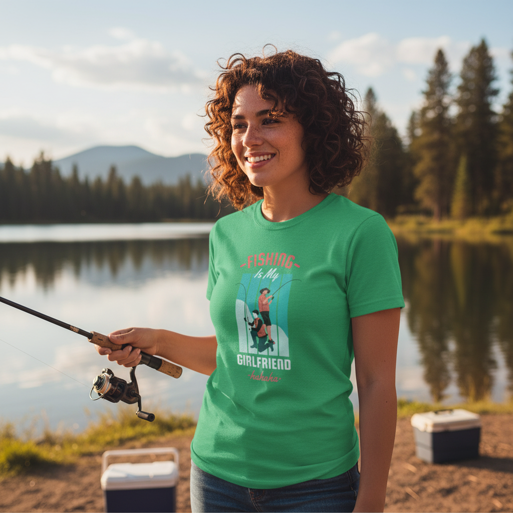 Fishing Is My Girlfriend Graphic Tee Unisex Short Sleeve Shirt With Humorous Fishing Scene