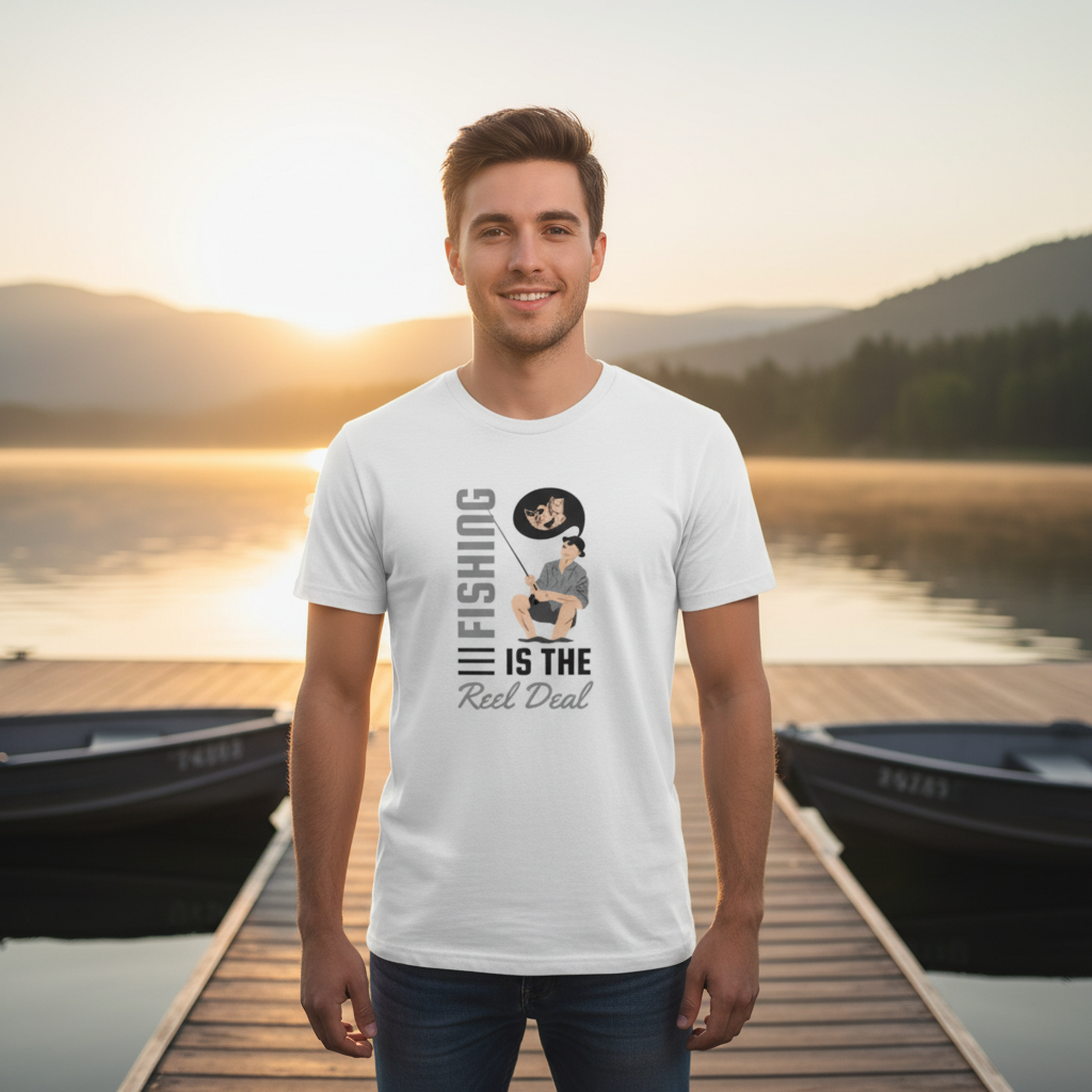 Fishing Is The Reel Deal Unisex Graphic Tee With Angler Illustration And Pun Design