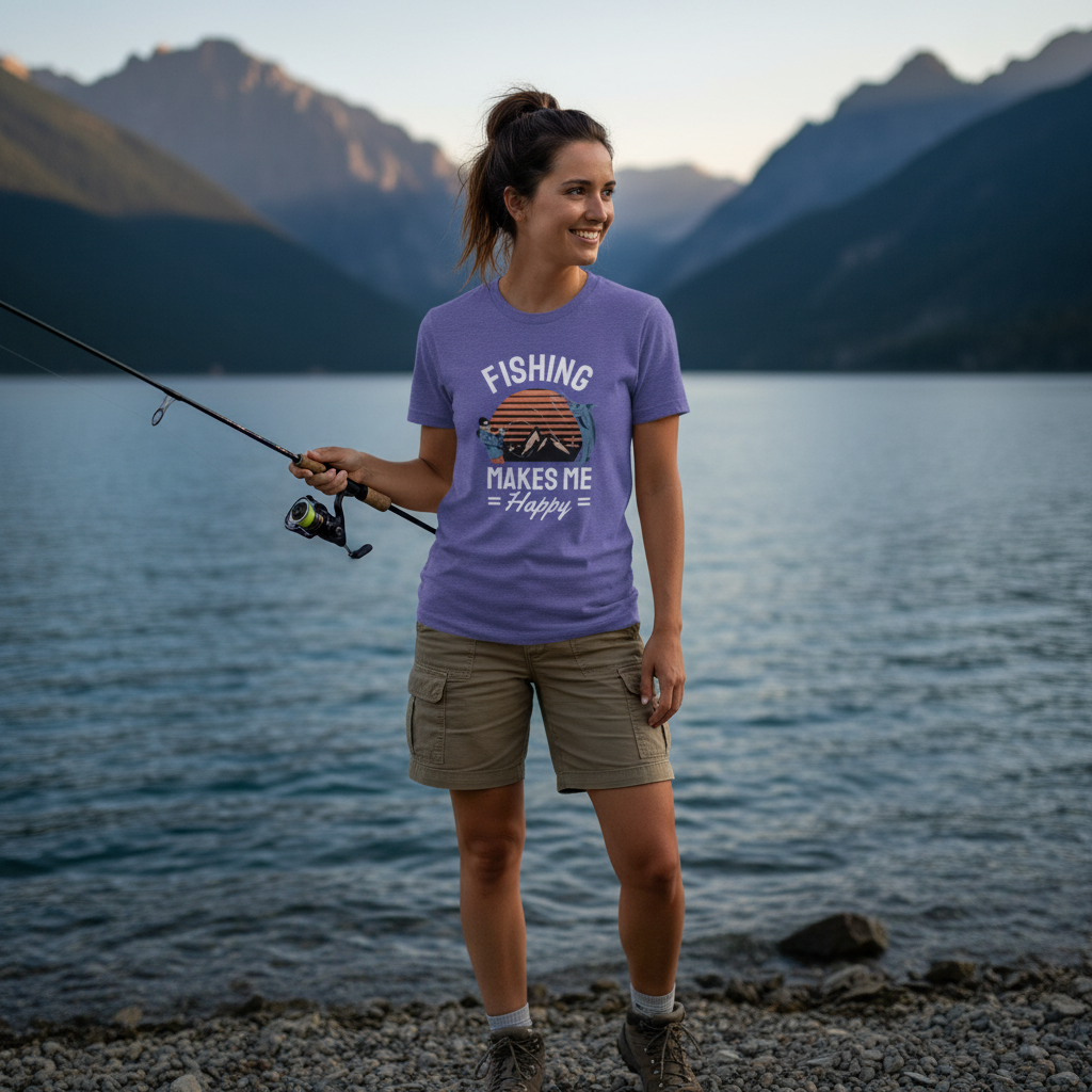 Unisex Fishing Graphic Tee Featuring Sunset Mountain Scene With Angler And Large Fish