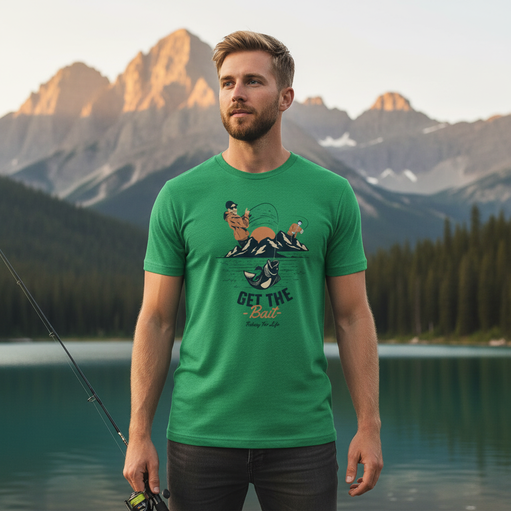 Unisex Fishing Graphic T Shirt With Get The Bait Artwork And Mountain Reflection