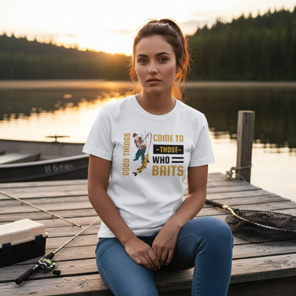 Fishing Themed Unisex T Shirt With Graphic Motto Good Things Come To Those Who Baits