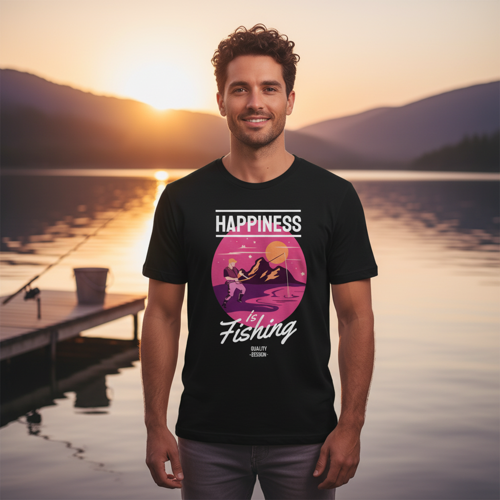 Unisex Fishing Shirt With Happiness Is Fishing Graphic Sunset Circle Design Artwork