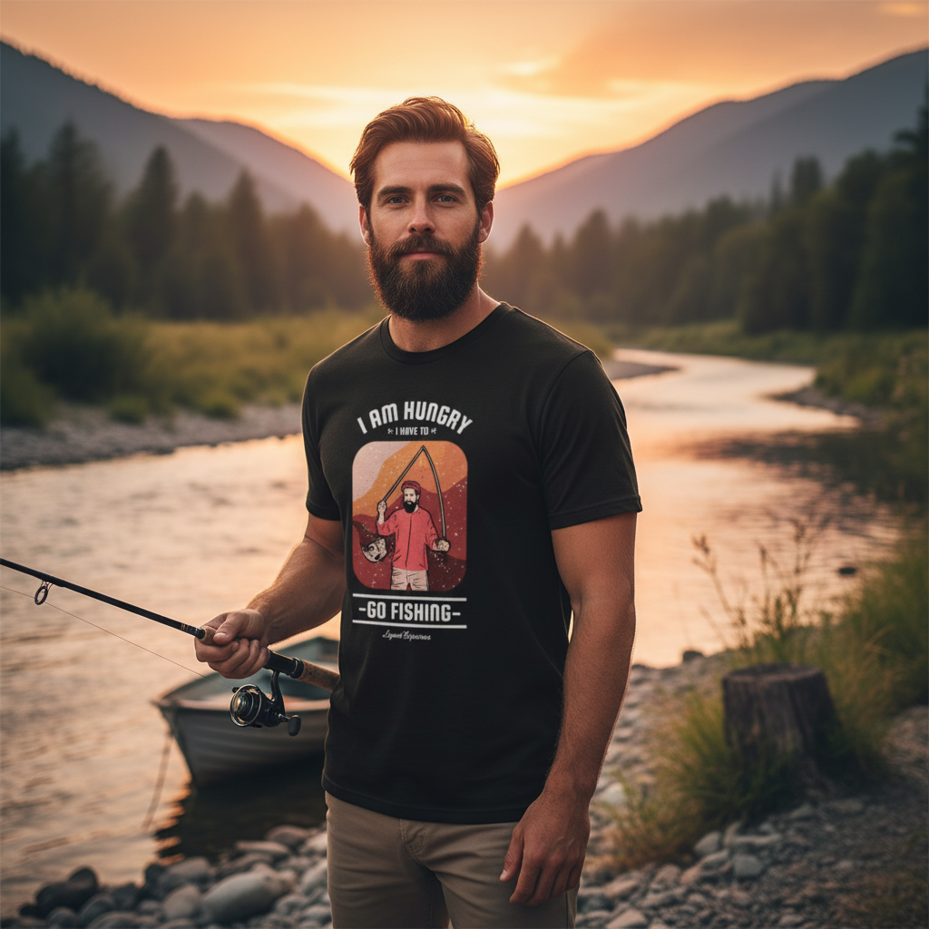 I Am Hungry Go Fishing Retro Sunset Illustration Graphic Tee For Unisex Adults Casual Wear