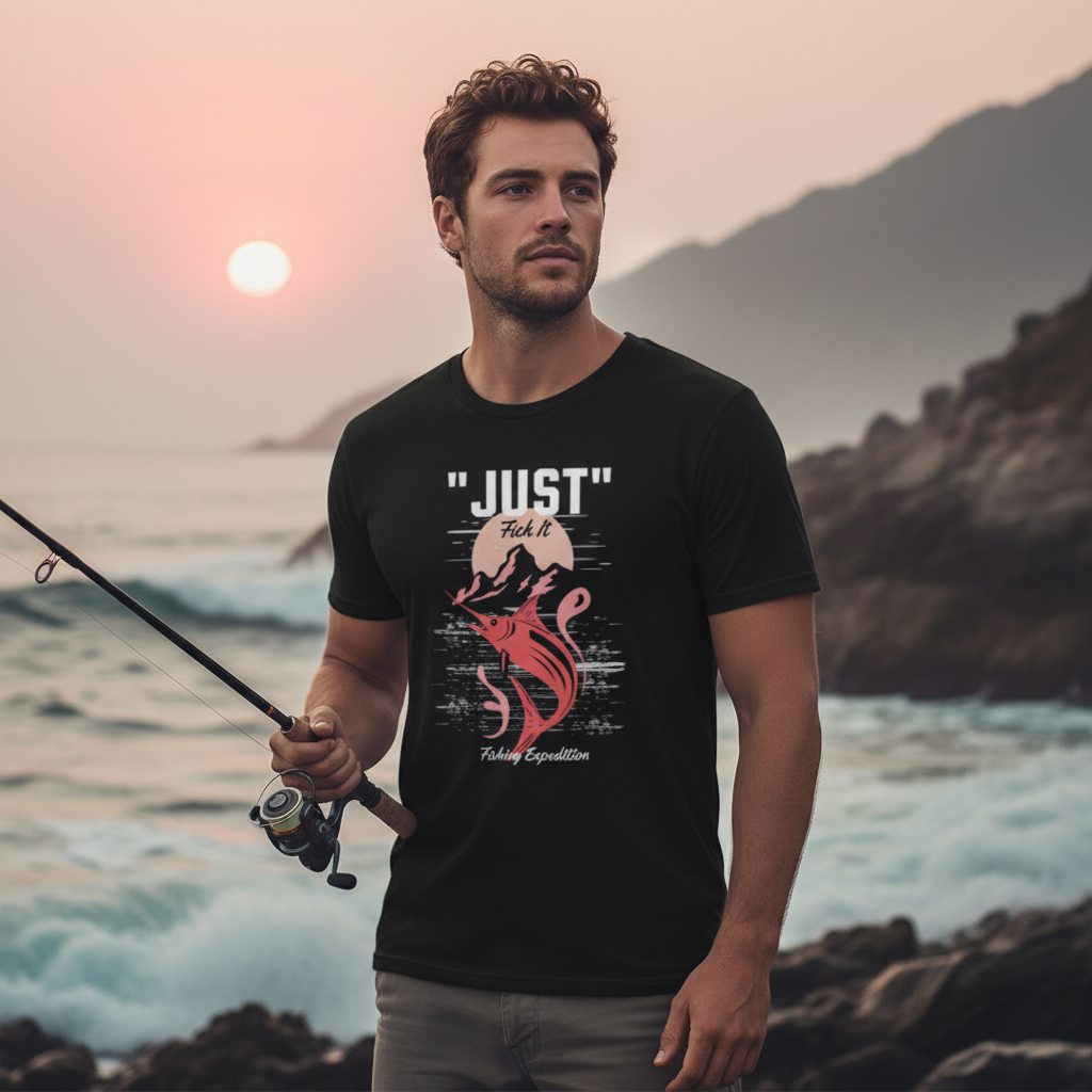 Just Fish It Graphic Unisex T Shirt With Sunset Mountain Marlin Design For Fishing Enthusiasts