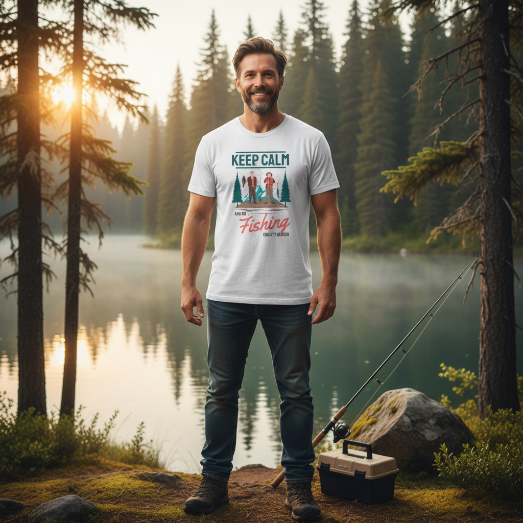 Keep Calm And Go Fishing Graphic Tee Featuring Two Anglers In A Forest Scene For Outdoorsy Unisex Wear