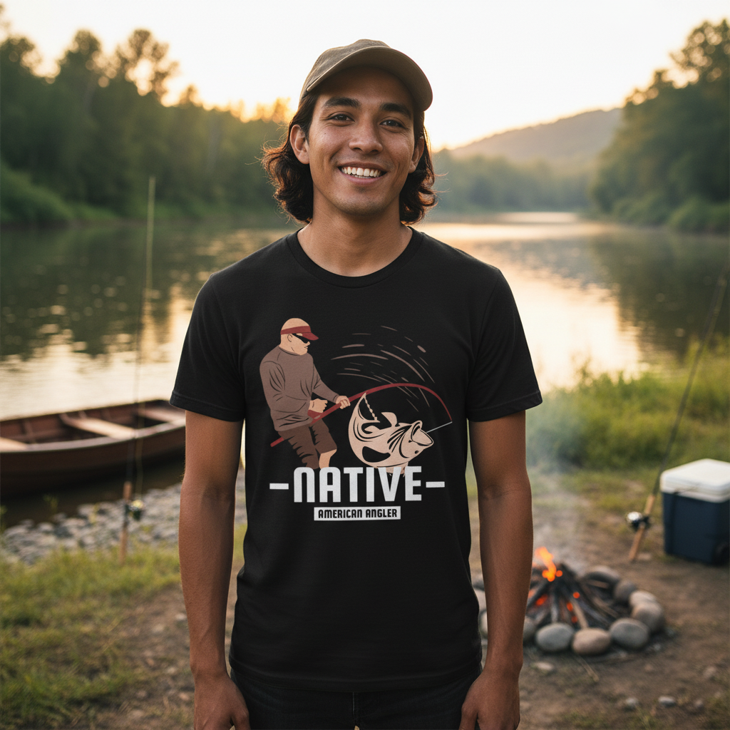 Native American Angler Fishing Graphic T Shirt For Unisex Casual Wear With Comfort Fit