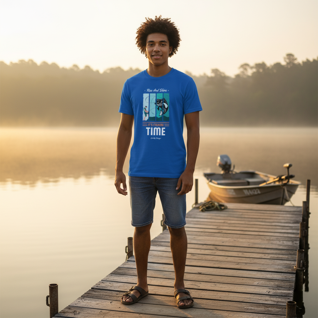 Unisex Fishing Graphic Tee Featuring Rise And Shine Its Fishing Time Design For Outdoor Enthusiasts
