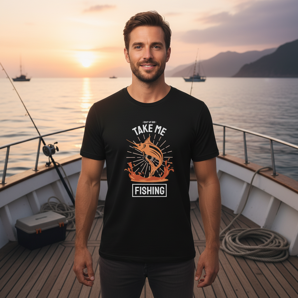 Shut Up And Take Me Fishing Unisex Graphic Tee With Jumping Marlin And Ocean Splash Design